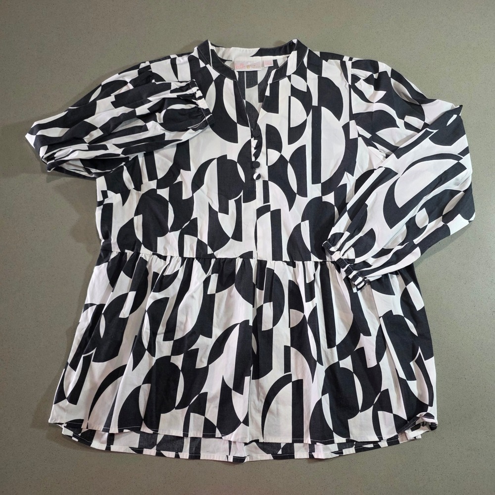 Belle by Kim Gravel Black White Geometric Peplum Blouse Top Large A648163